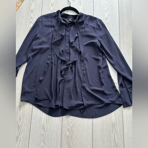 Ann Taylor Navy Ruffle Tie-Neck Blouse